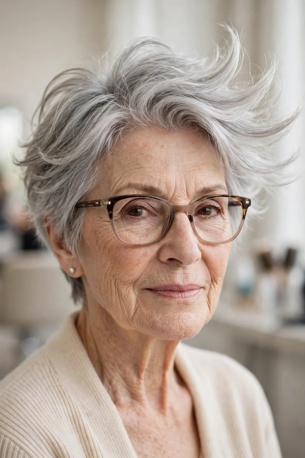 Elegant woman over 70 with glasses and feathered short cut, delicate airy movement, gentle light.