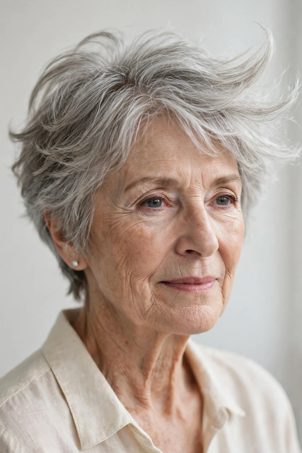 Elegant woman over 70 with feathered short cut, delicate airy movement, gentle light.