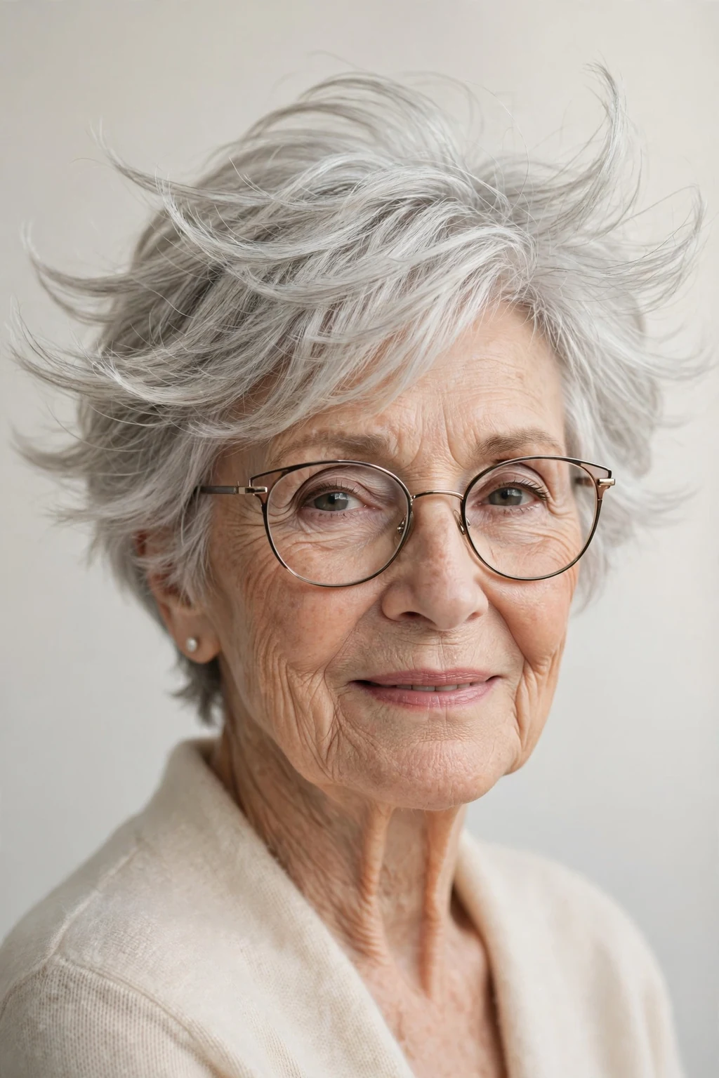 Elegant woman over 80 with glasses and feathered short cut, delicate airy movement, gentle light.