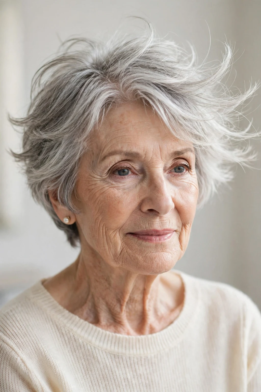 Elegant woman over 80 with feathered short cut, delicate airy movement, gentle light.