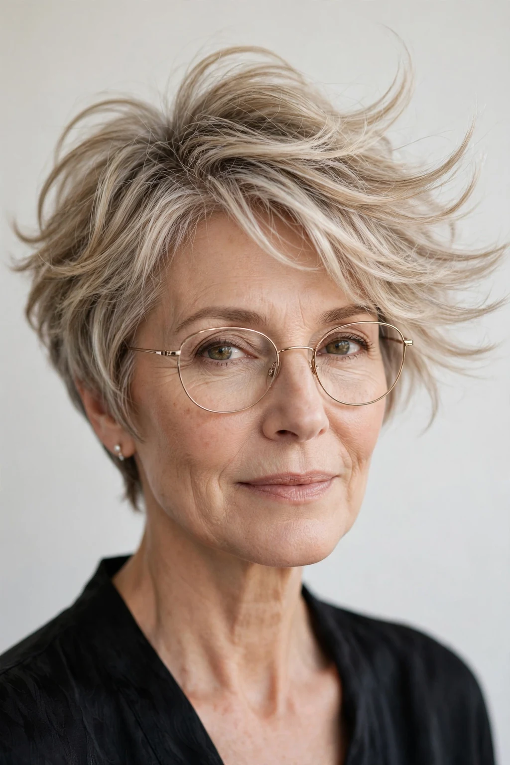 Elegant woman over 50 with glasses and feathered short cut, delicate airy movement, gentle light.