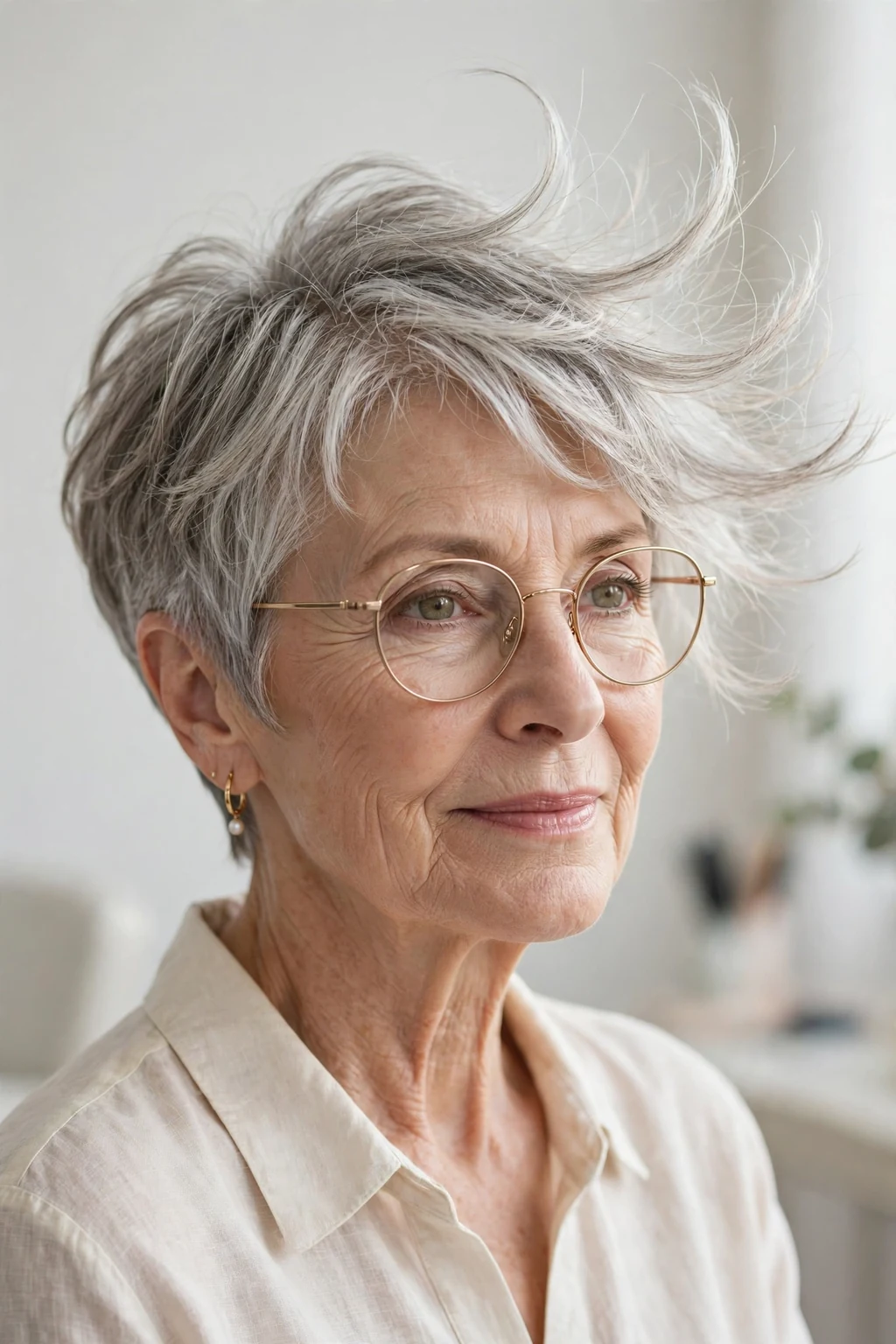 Elegant woman over 60 with glasses and feathered short cut, delicate airy movement, gentle light.