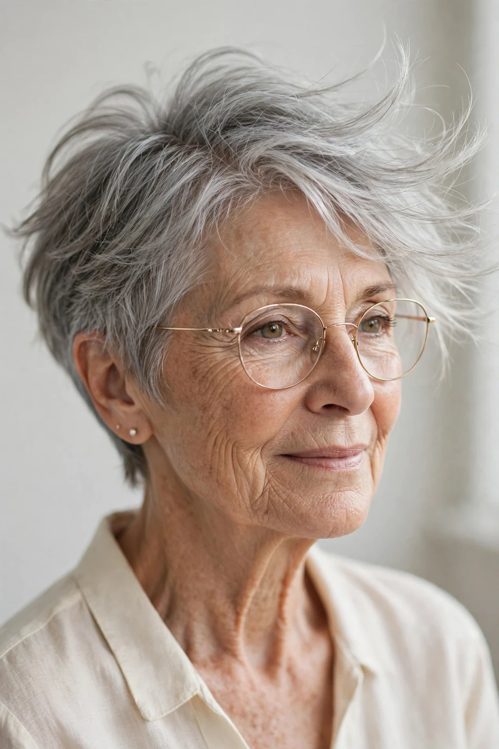 Elegant woman over 70 with glasses and feathered short cut, delicate airy movement, gentle light.