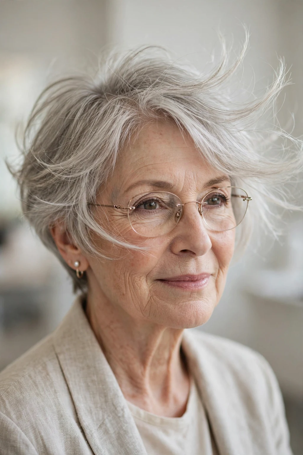 Elegant woman over 60 with fine hair and glasses and feathered short cut, delicate airy movement, gentle light.