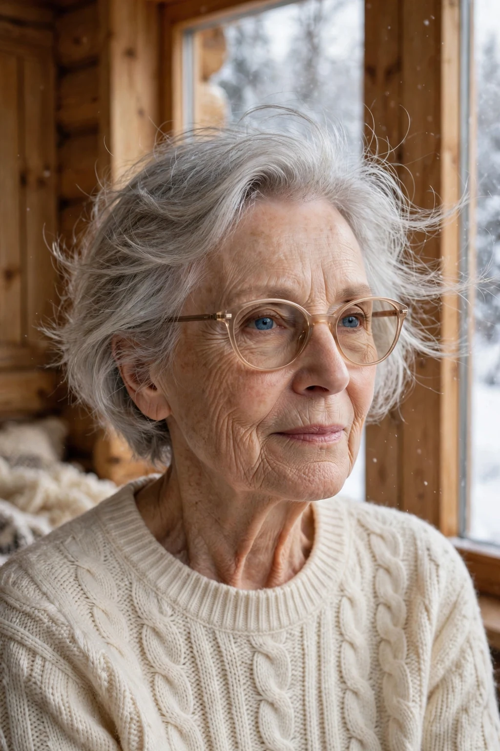 Elegant older woman over 70 with fine hair and glasses and feathered short cut, delicate airy movement, gentle light.