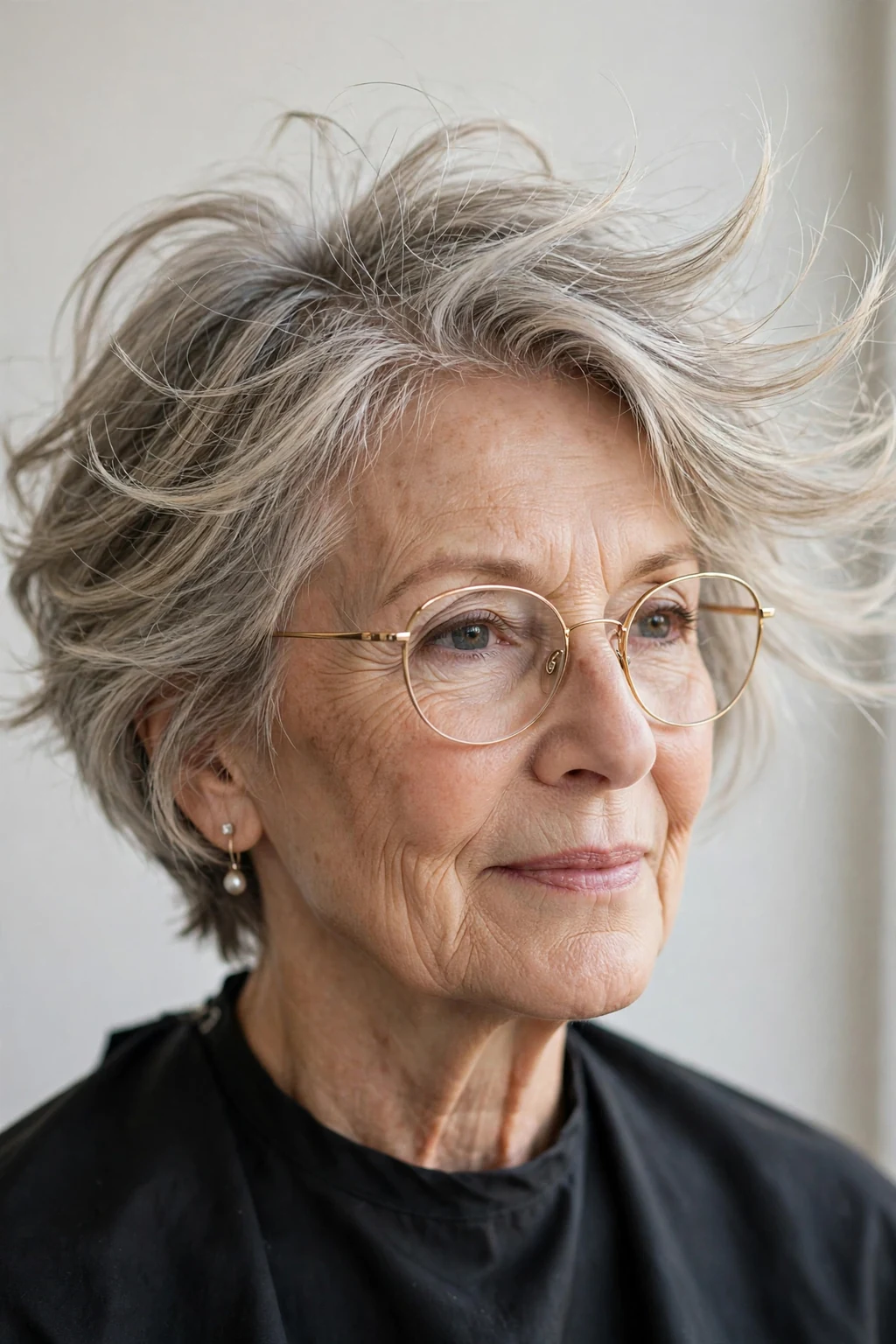 Elegant older woman with glasses and feathered short cut, delicate airy movement, gentle light.