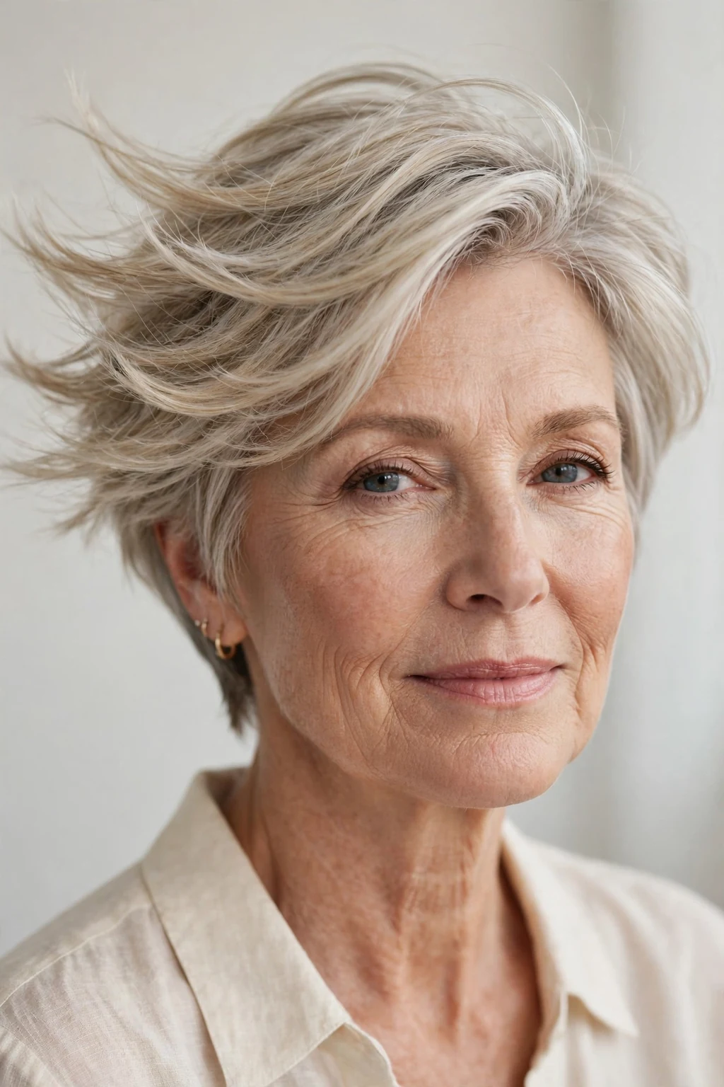 Elegant older woman over 50 with feathered short cut, delicate airy movement, gentle light.