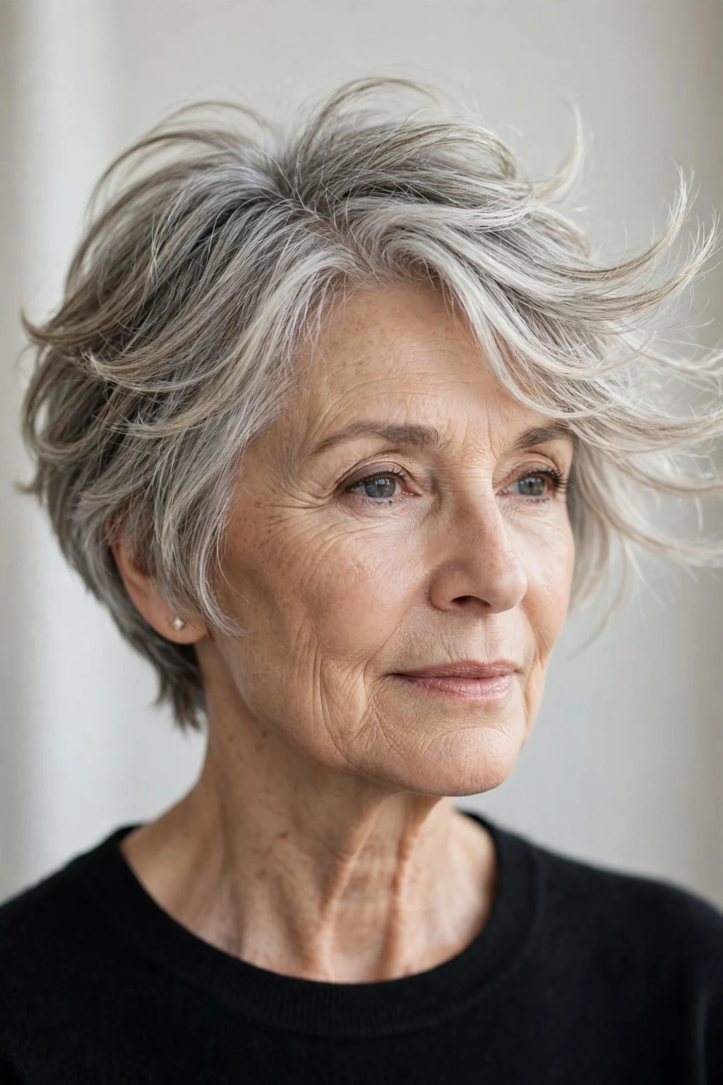 Elegant older woman over 60 with feathered short cut, delicate airy movement, gentle light.