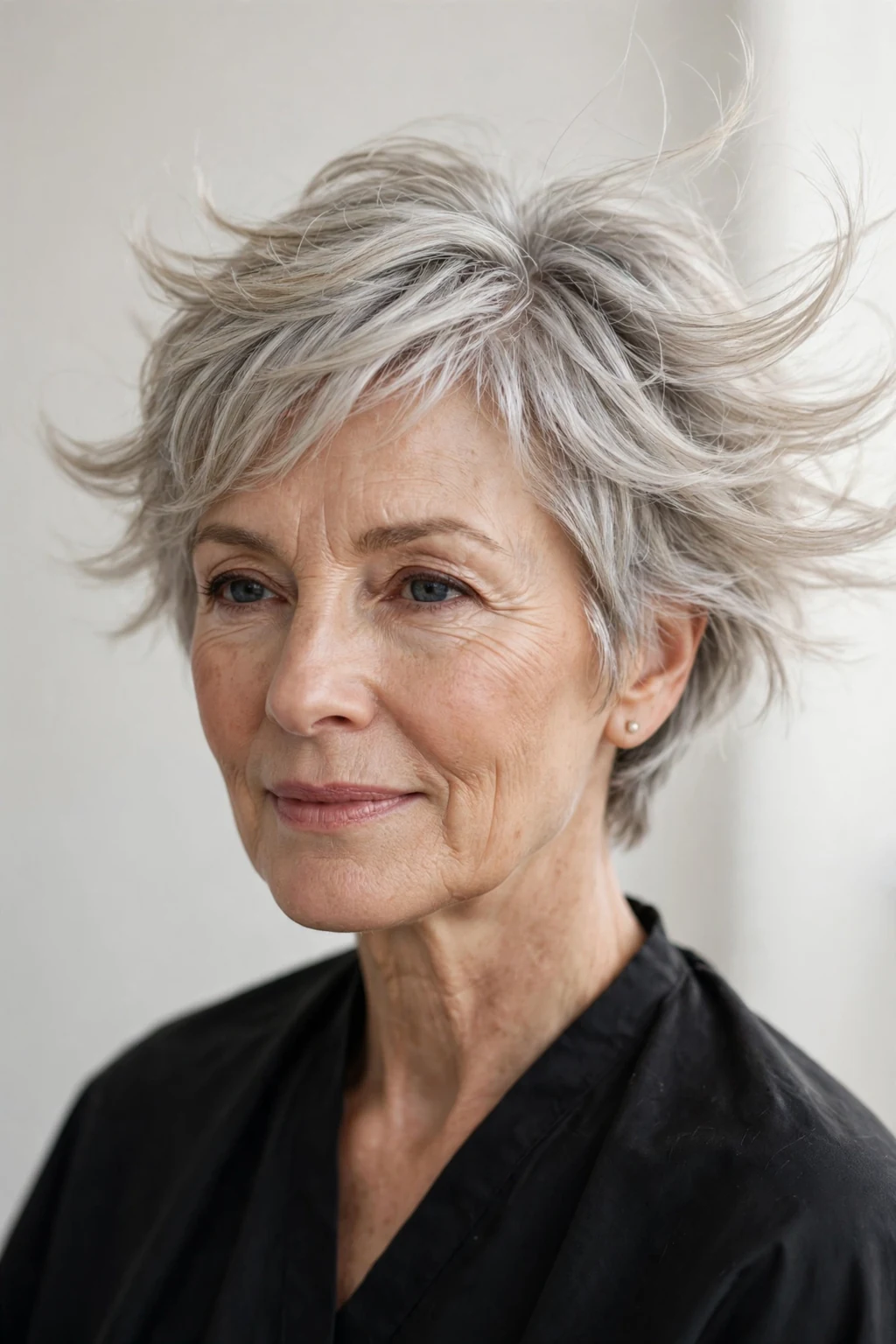 Elegant older woman with feathered short cut, delicate airy movement, gentle light.