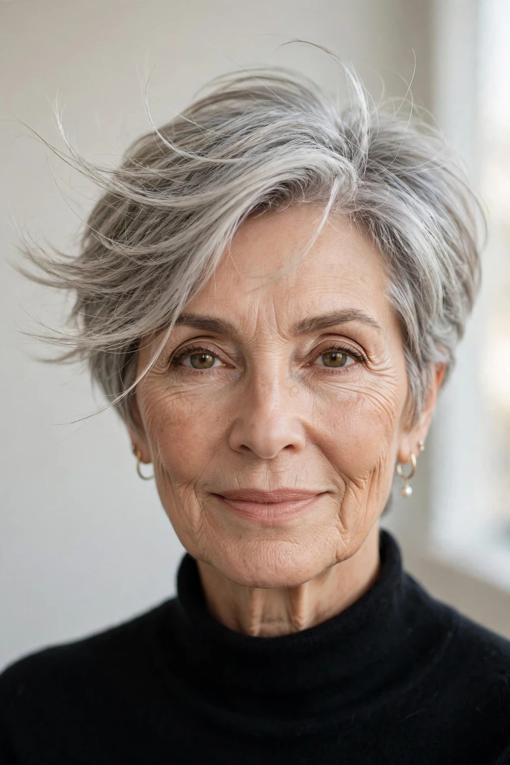 Elegant woman over 60 with feathered short cut, delicate airy movement, gentle light.