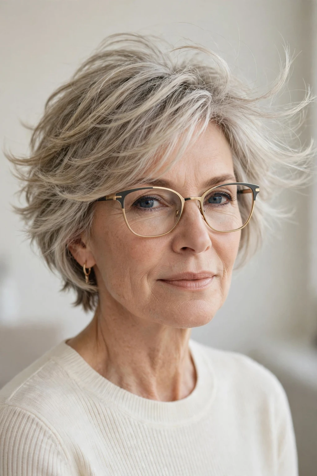 Elegant woman over 50 with glasses and feathered short layers, delicate airy movement, gentle light.