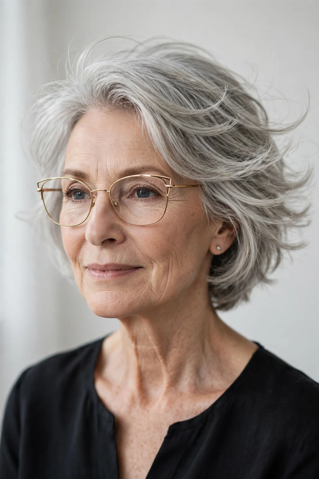 Elegant woman over 60 with glasses and feathered short layers, delicate airy movement, gentle light.