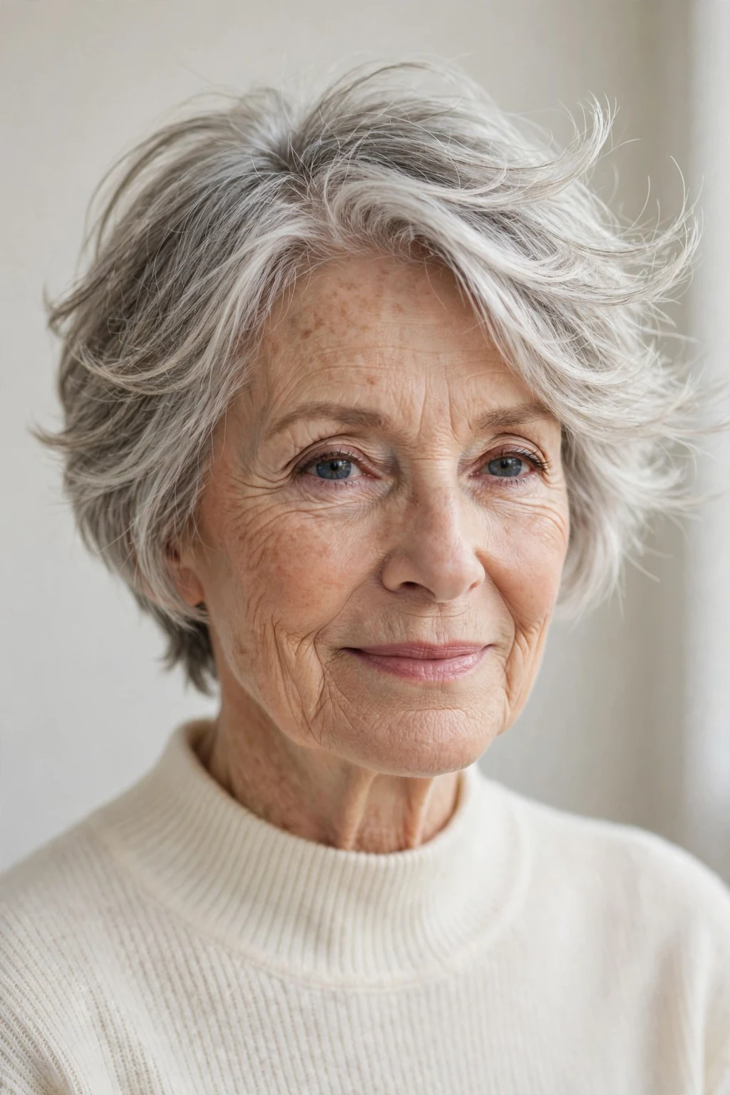 Elegant woman over 70 with feathered short layers, delicate airy movement, gentle light.