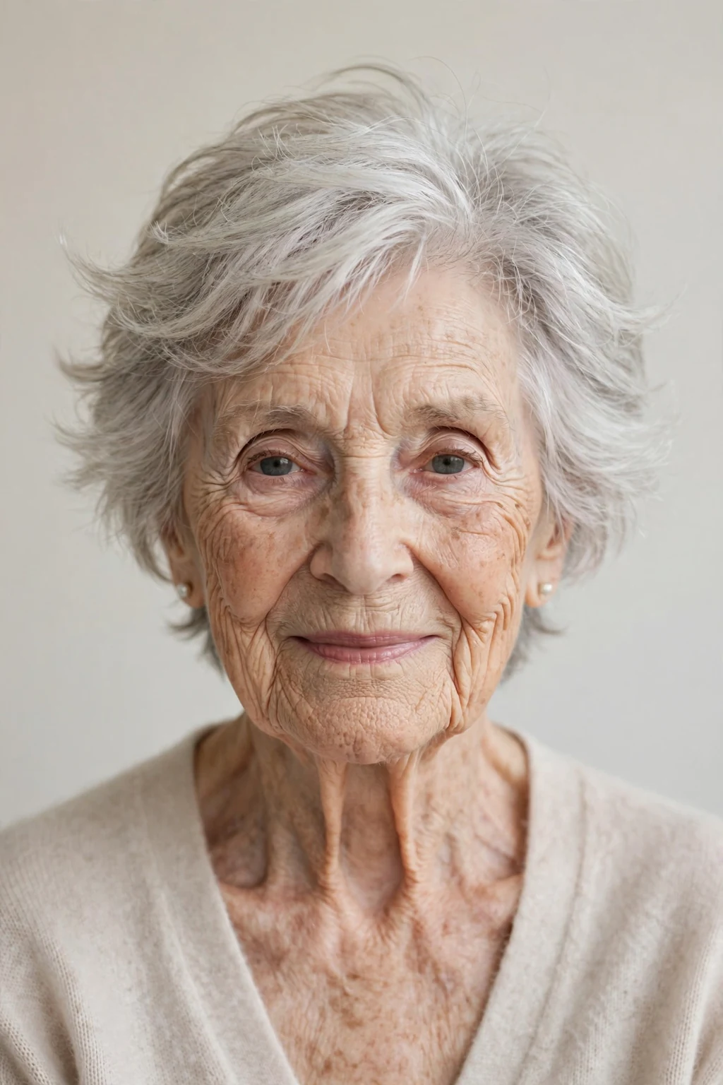 Elegant woman over 80 with feathered short layers, delicate airy movement, gentle light.