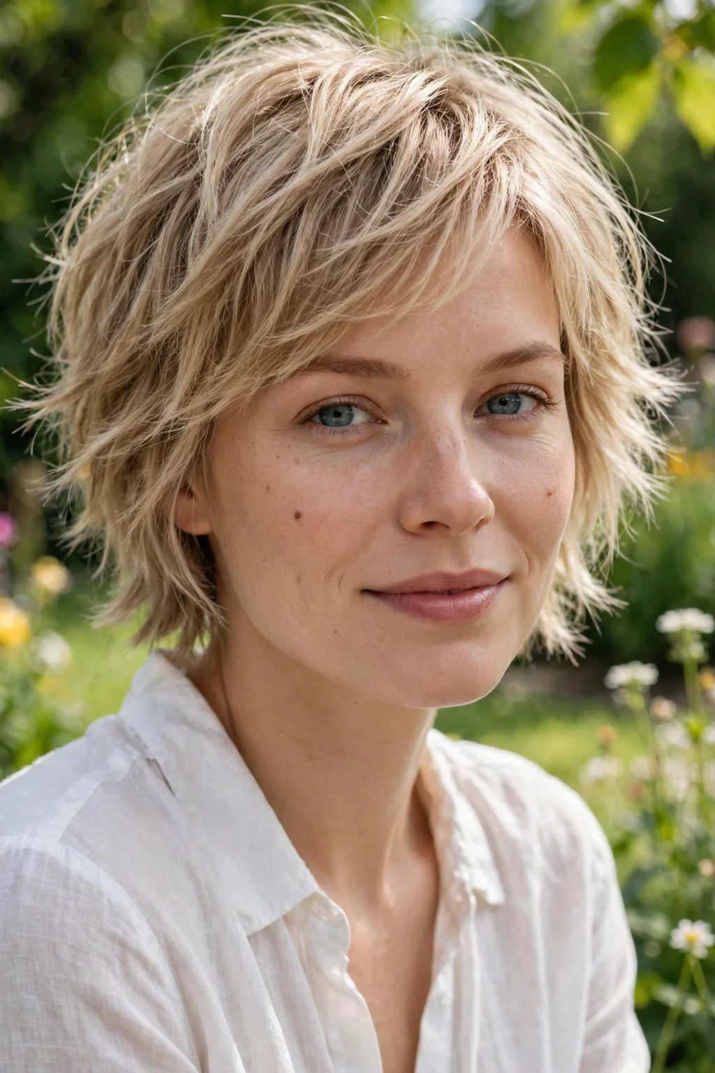 Beautiful woman with feathered short shag, soft feathered shag, gentle light.