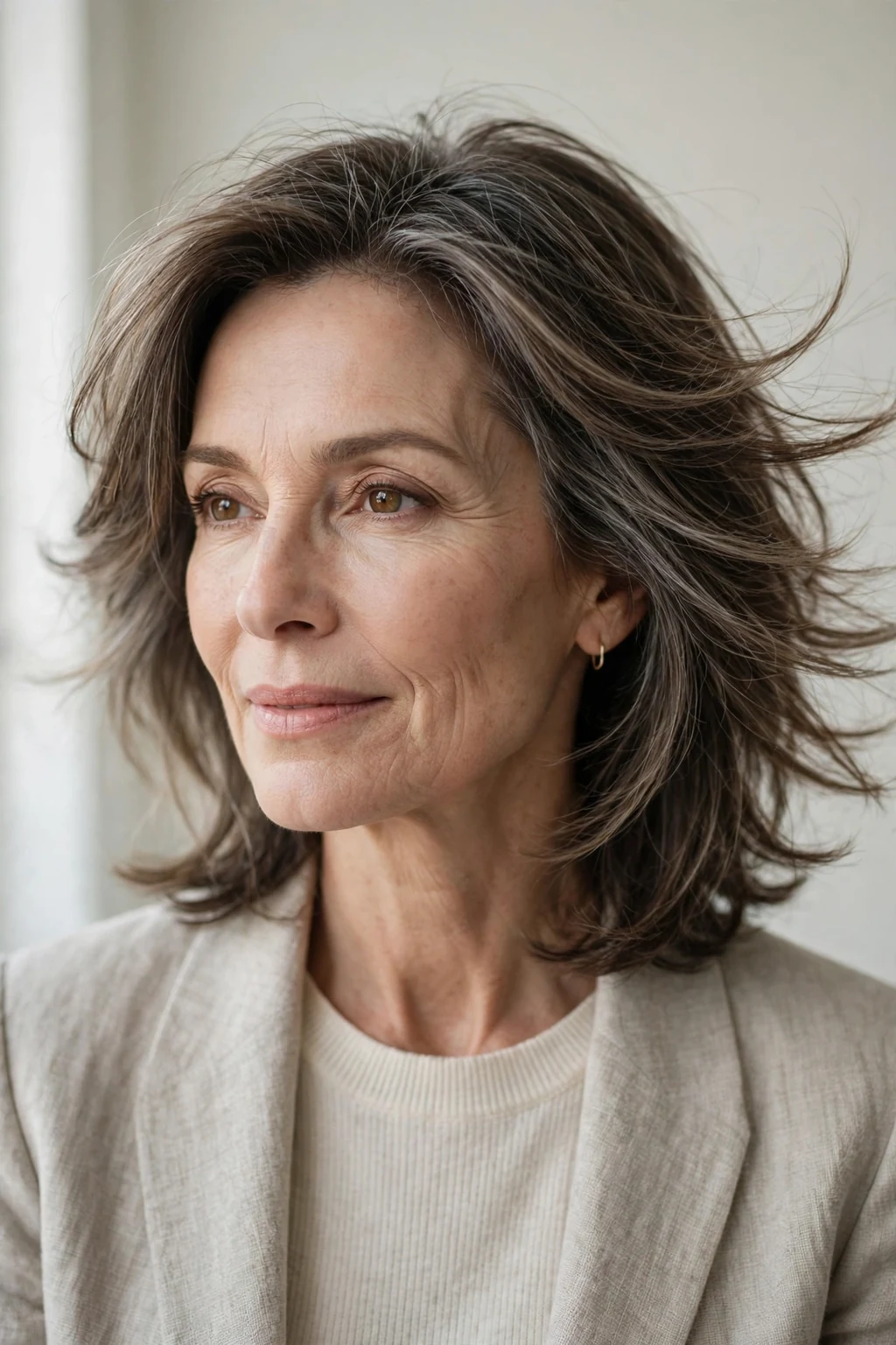 Elegant older woman with feathered shoulder layers, delicate airy movement, gentle light.