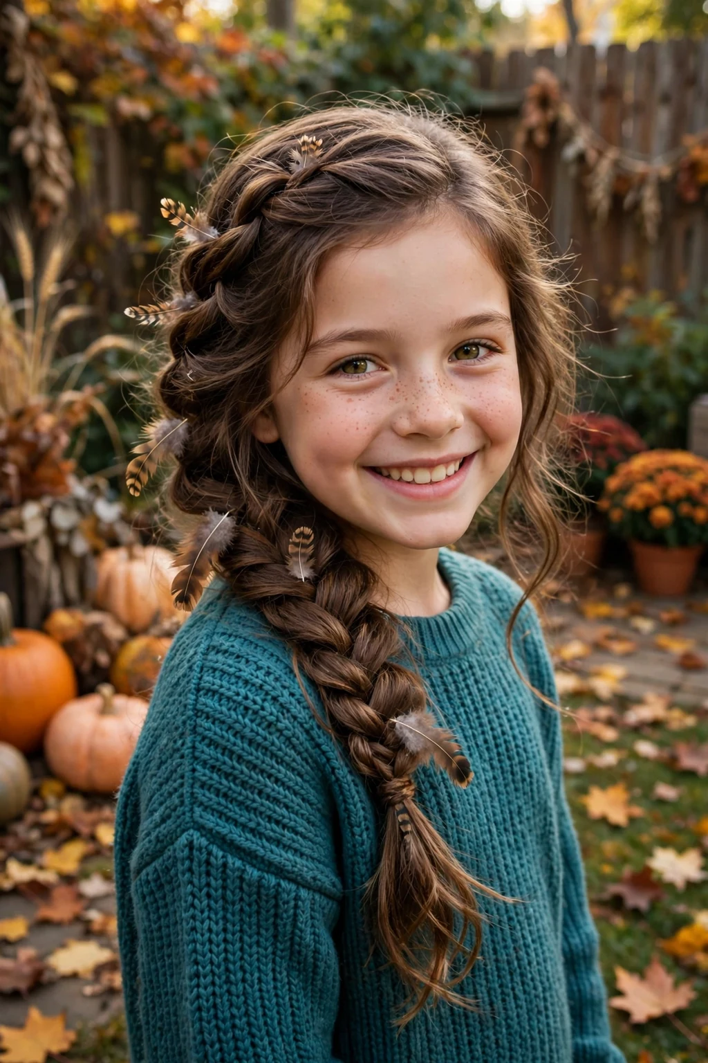 A young girl with a feathered fishtail braid in warm brown tones, wearing a teal sweater in a backyard with a turkey decoration.