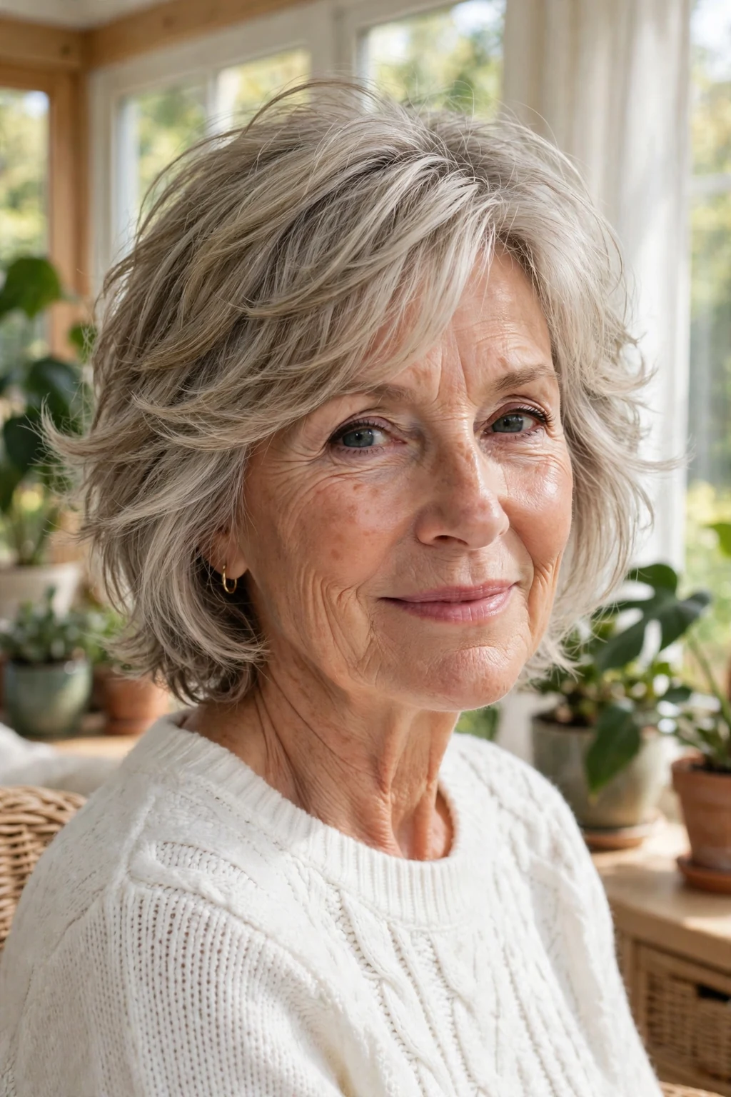 Beautiful older woman with feathered wash-and-wear, soft feathered layers, airy light.