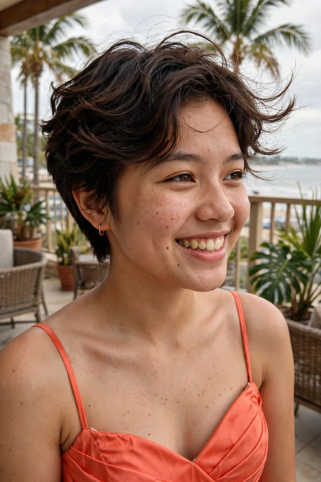 Young woman aged 18 to 20 with feathered wavy pixie hairstyle for prom, a beachfront hotel terrace with palm trees.