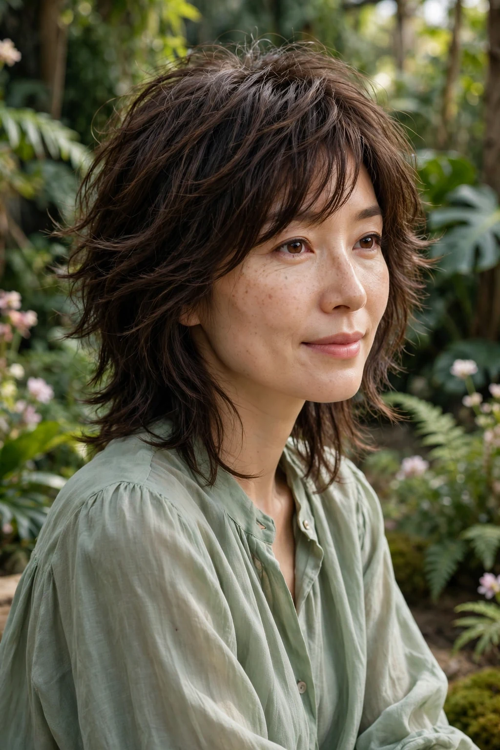 Beautiful woman with feathered wolf cut, soft feathered wolf, gentle light.