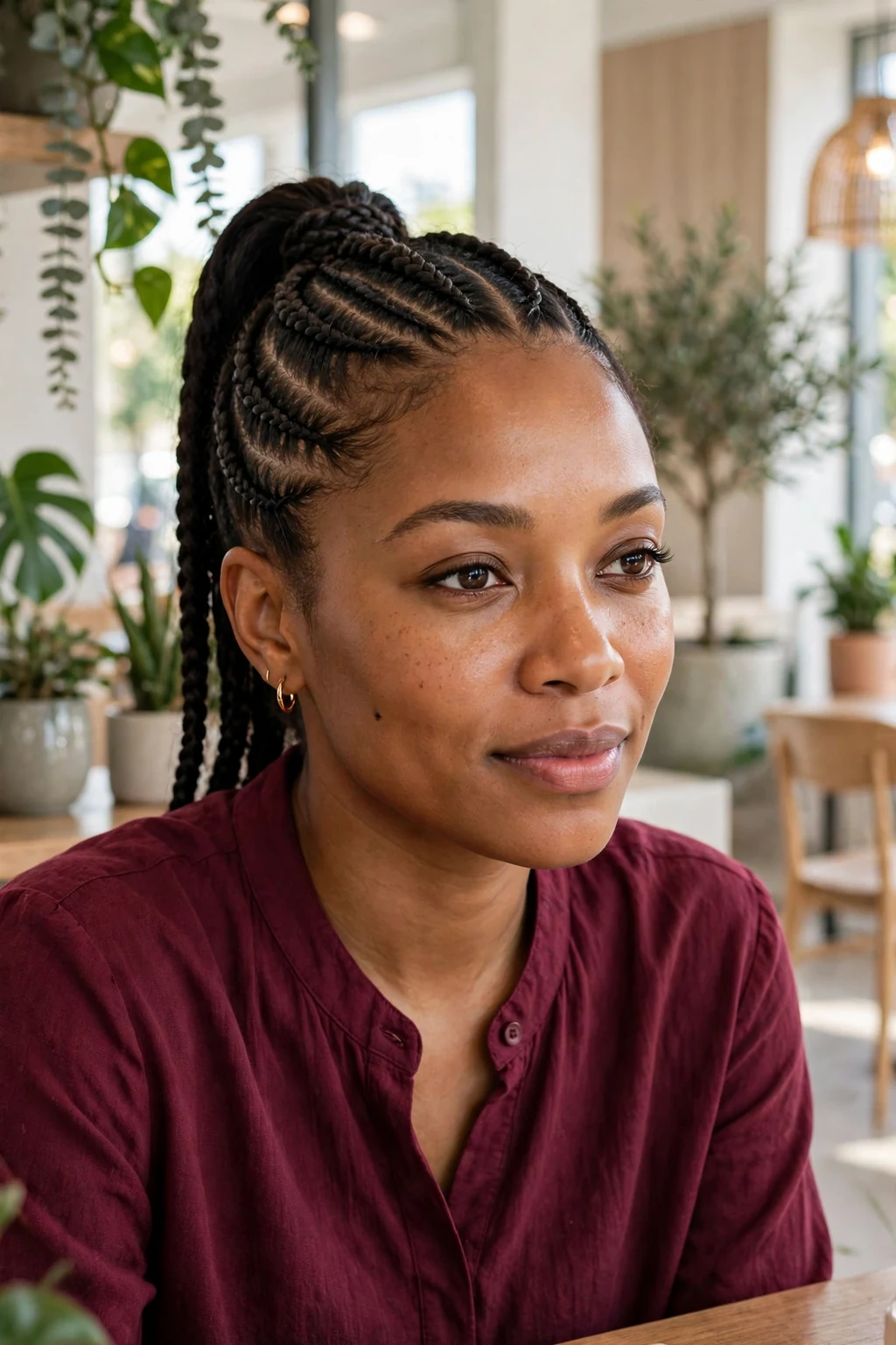 Young Black woman with feed-in cornrows in a bright cafe, wearing a burgundy blouse.