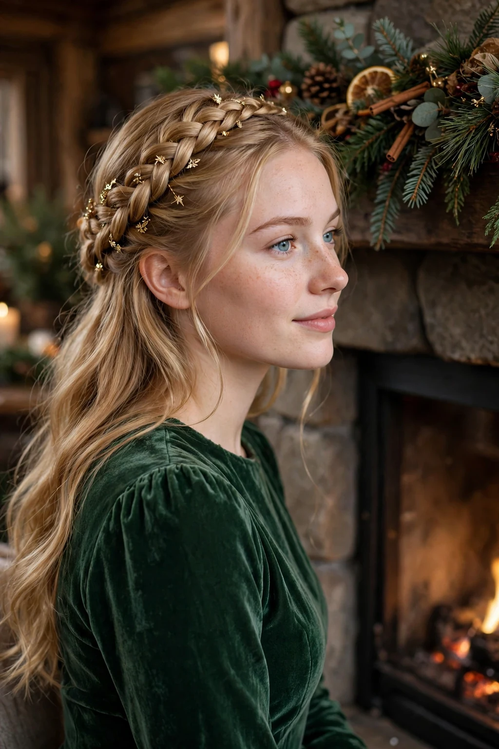 Young woman with a festive braided crown hairstyle, wearing a forest green velvet dress.