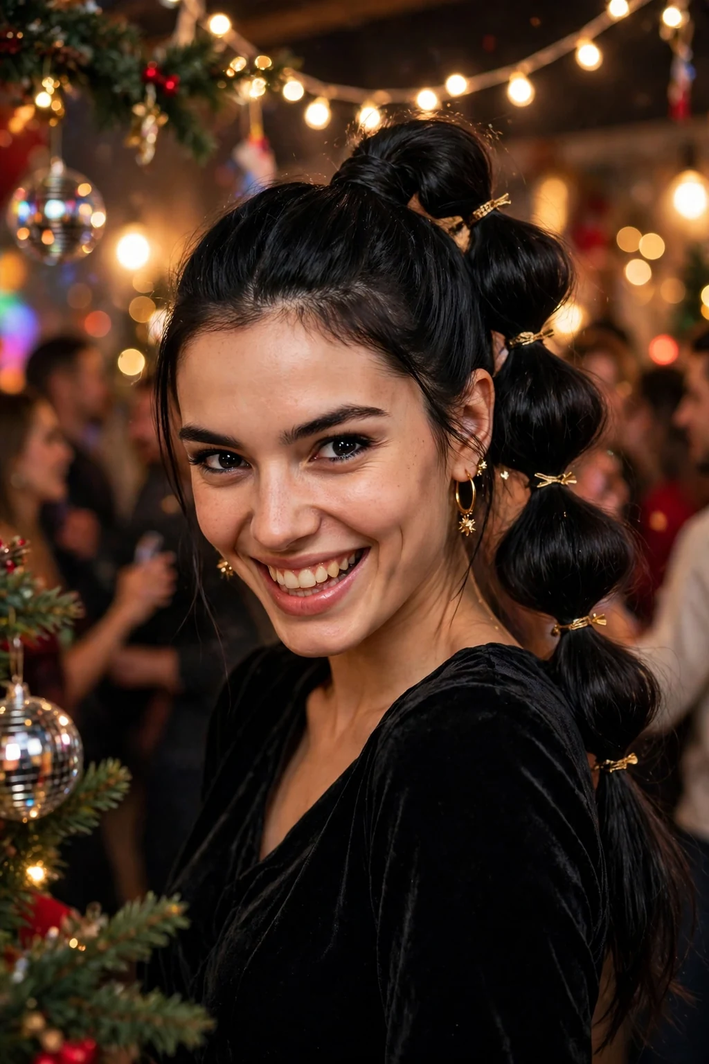 Young woman with a festive bubble ponytail, wearing a black velvet top with gold earrings at a dance party.