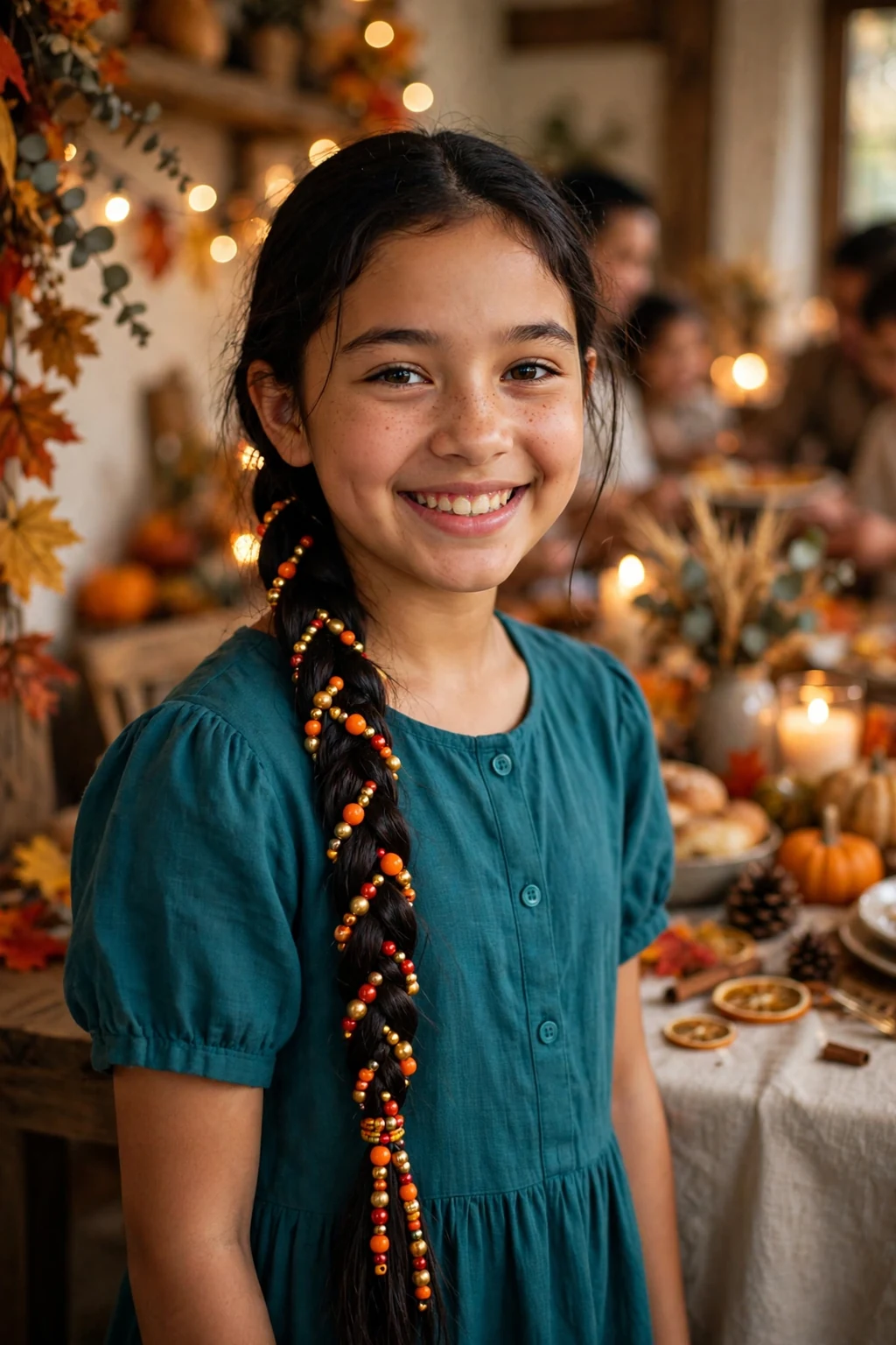 A young girl with long braids decorated with colorful autumn beads, wearing a teal dress at a Thanksgiving family gathering.