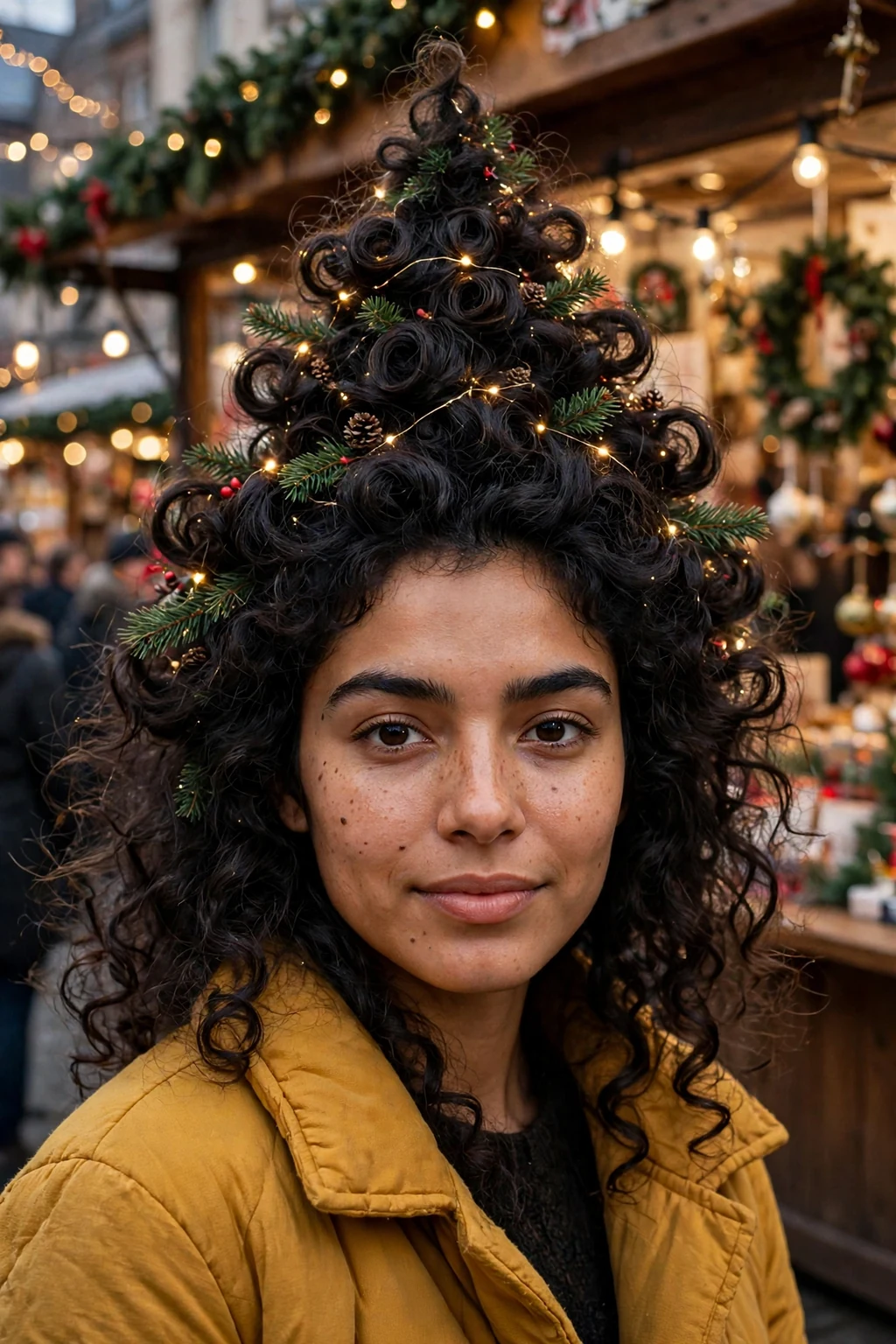 Young woman with festive fir curls hairstyle, festive holiday look.