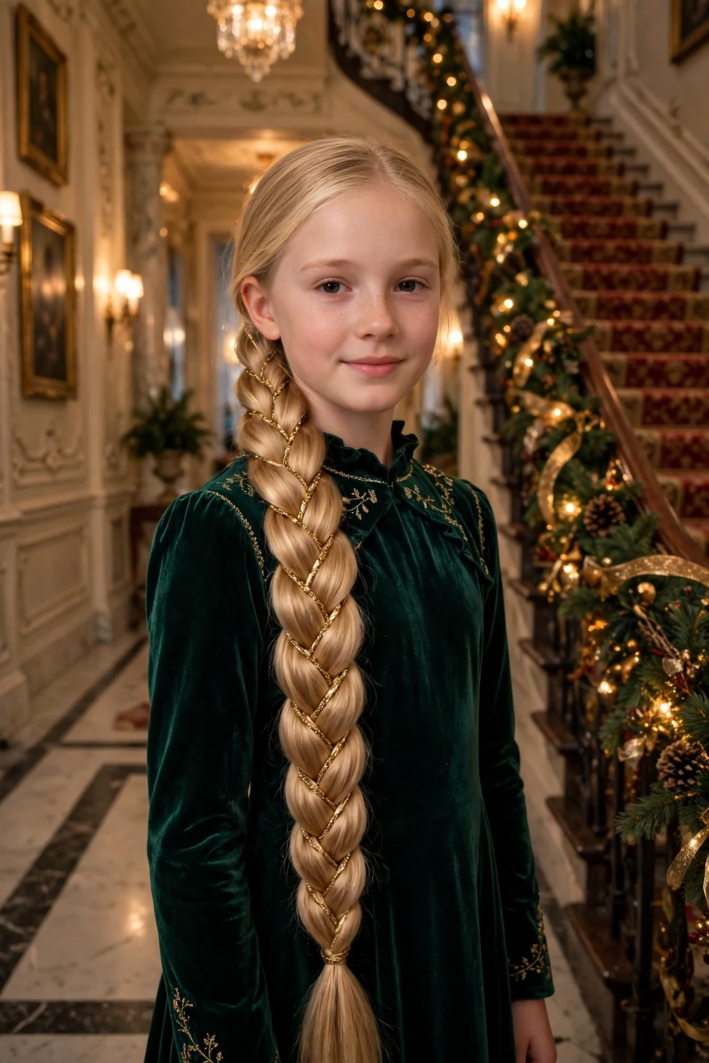 A young girl with a festive fishtail braid with gold thread woven through the braid.