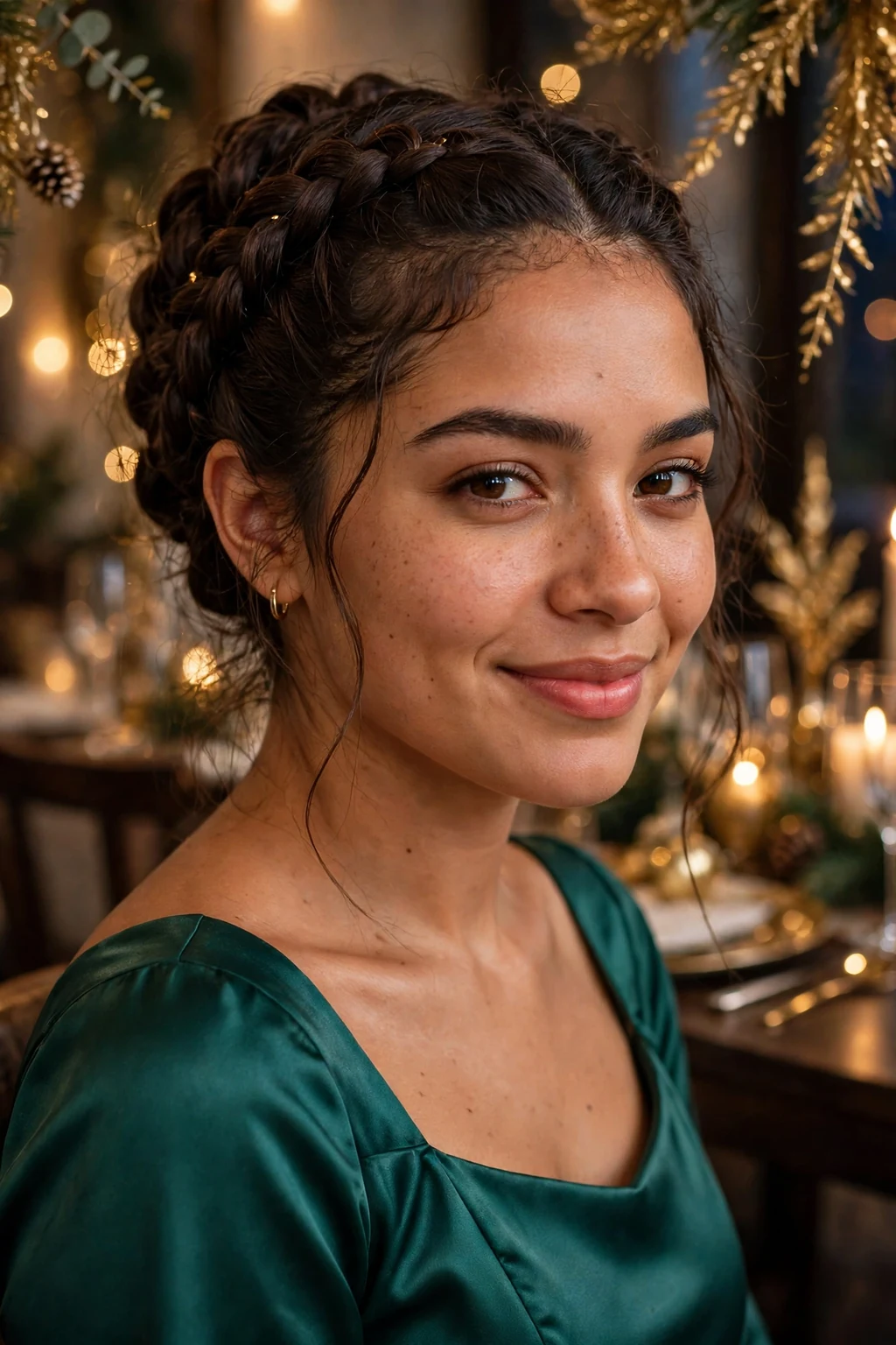 A young woman with a festive fishtail braid updo at a holiday party, wearing a emerald satin dress.
