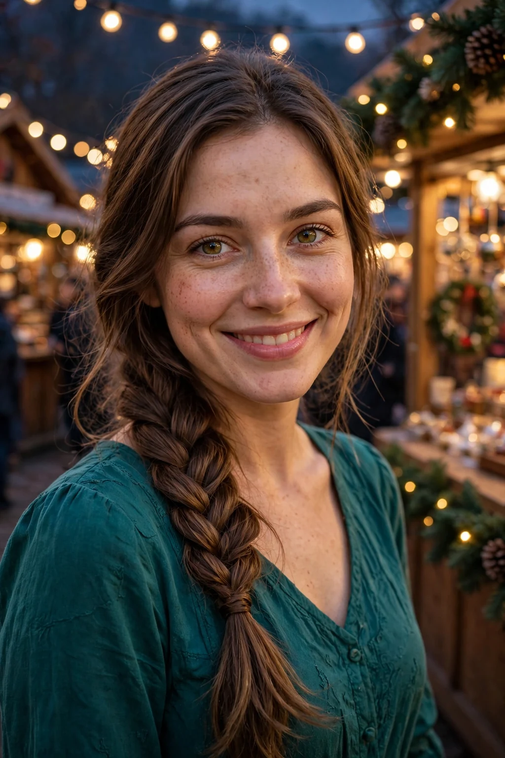 Young woman with a festive fishtail braid, wearing a teal green dress at a cozy holiday market evening.