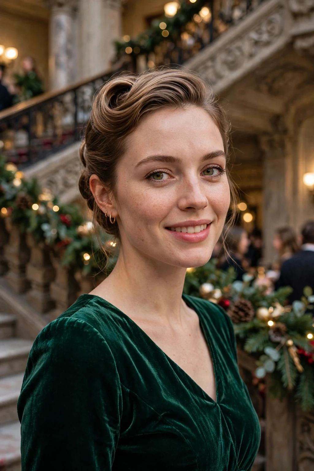 A young woman with a festive French twist at an elegant holiday party, wearing an emerald green velvet dress.