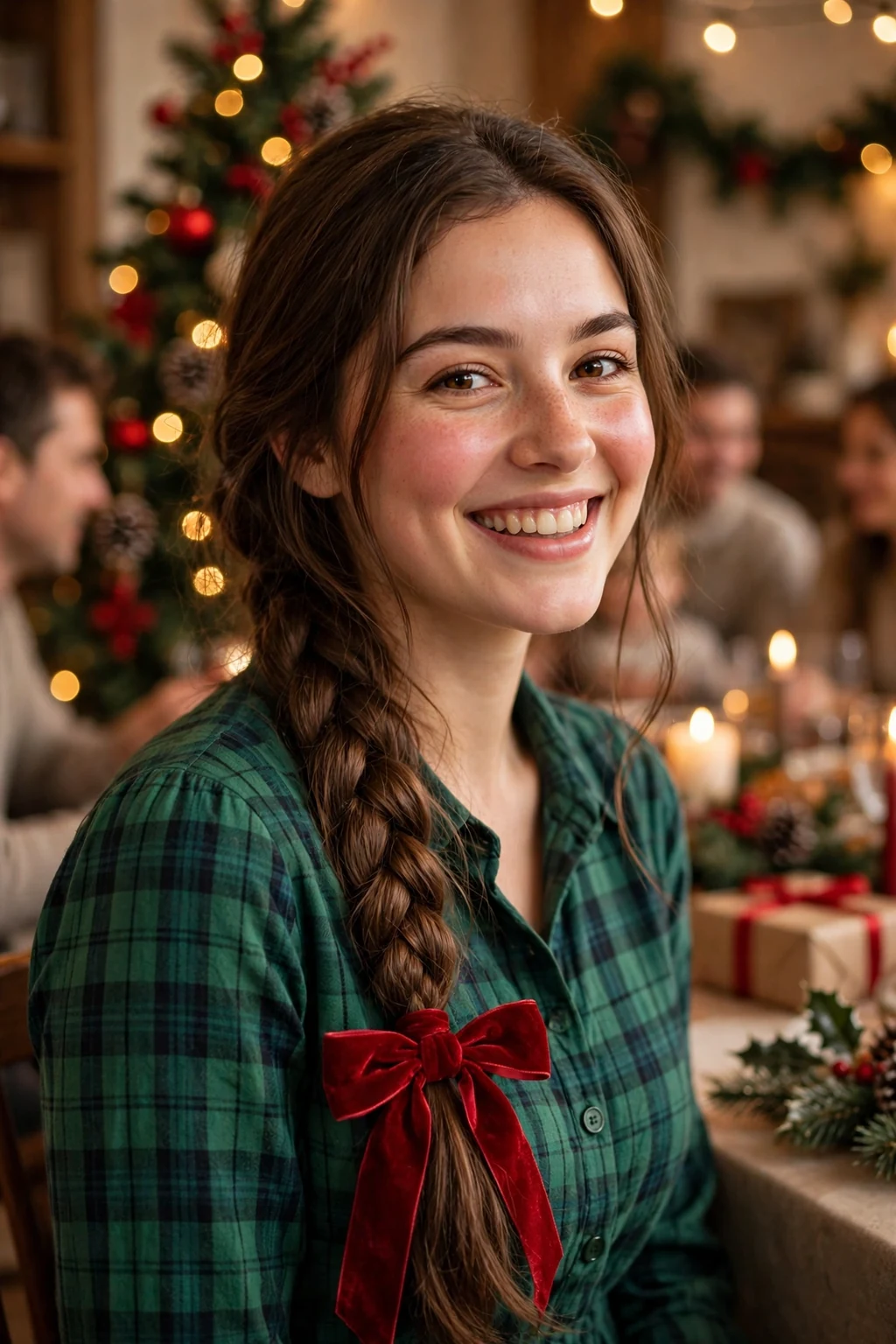 Young woman with a festive ribbon-tied braid, wearing a green plaid dress at a Christmas family gathering.