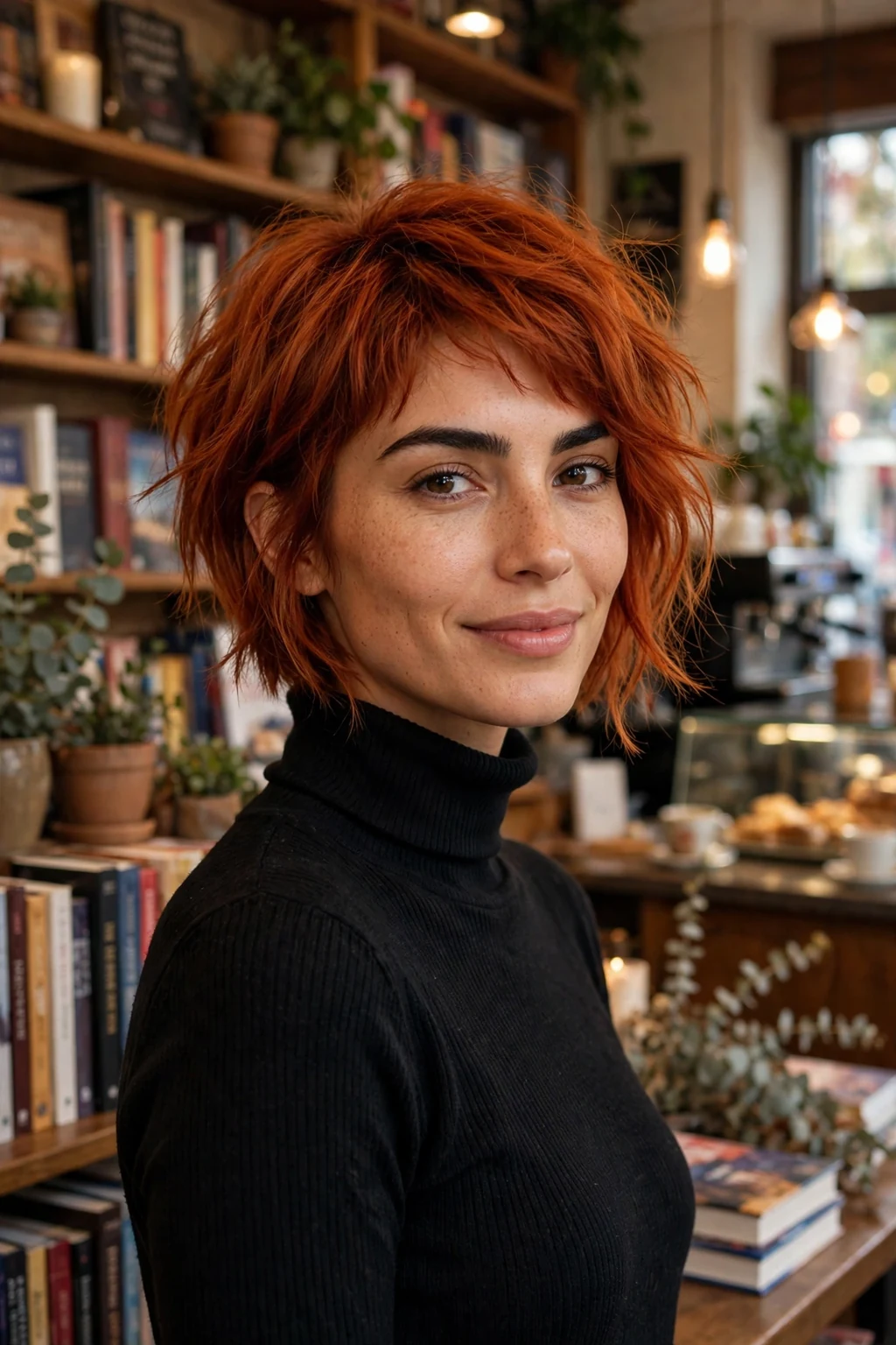 Young woman with a fiery auburn pixie bob, standing in a bookstore cafe wearing a black turtleneck.