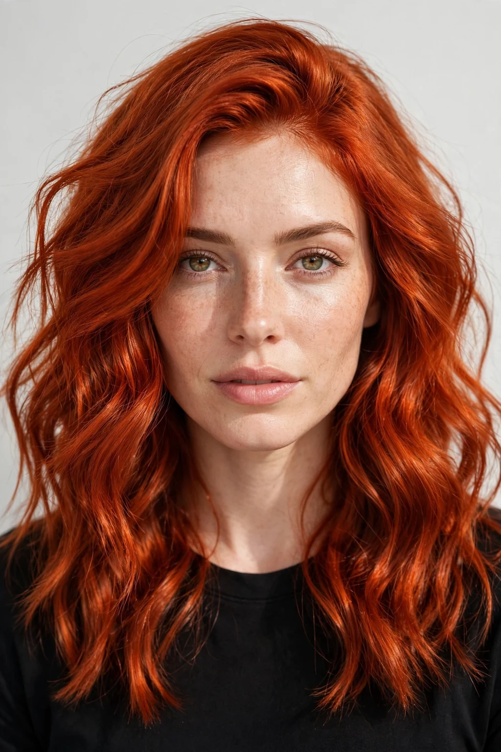 Woman with fiery copper auburn, bright vibrant copper-red hair, striking light.