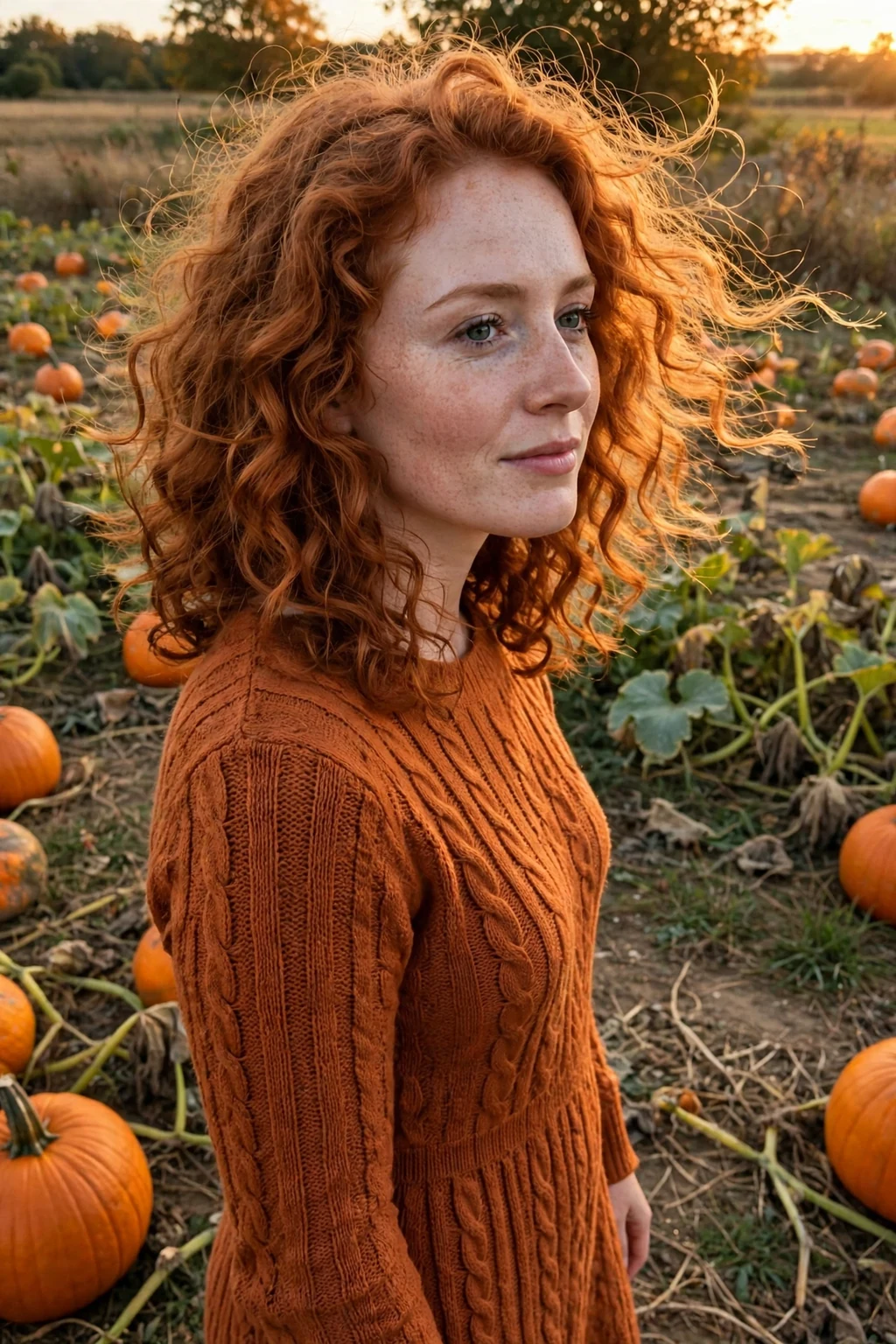 Young woman with fiery copper witch curls in a pumpkin patch wearing an orange knit dress.