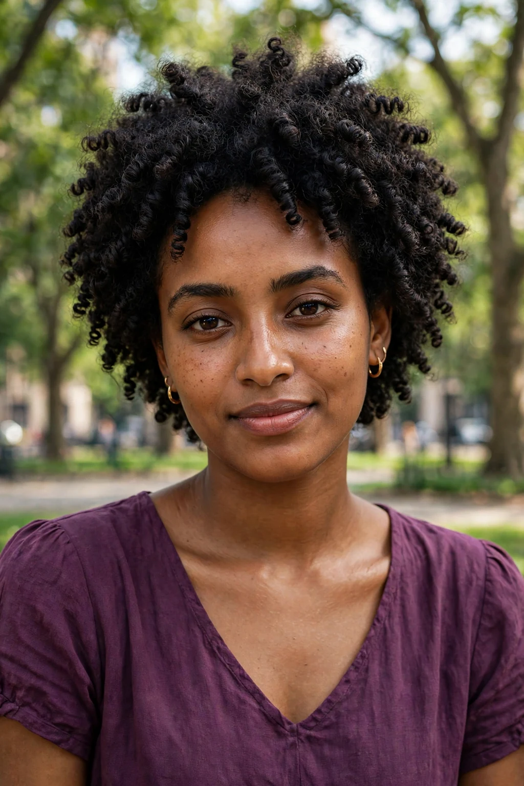 Young woman with a finger-coiled afro, wearing a plum dress in a city park.