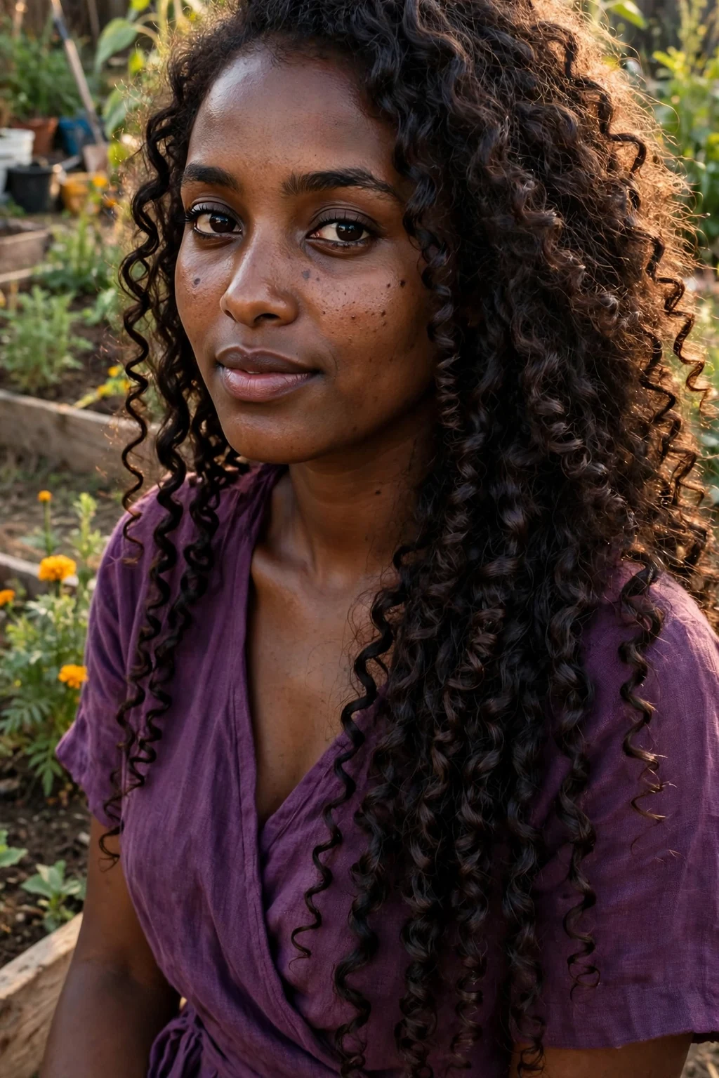 Young woman with a finger-coiled ringlet cascade, wearing a plum purple wrap dress in a community garden.