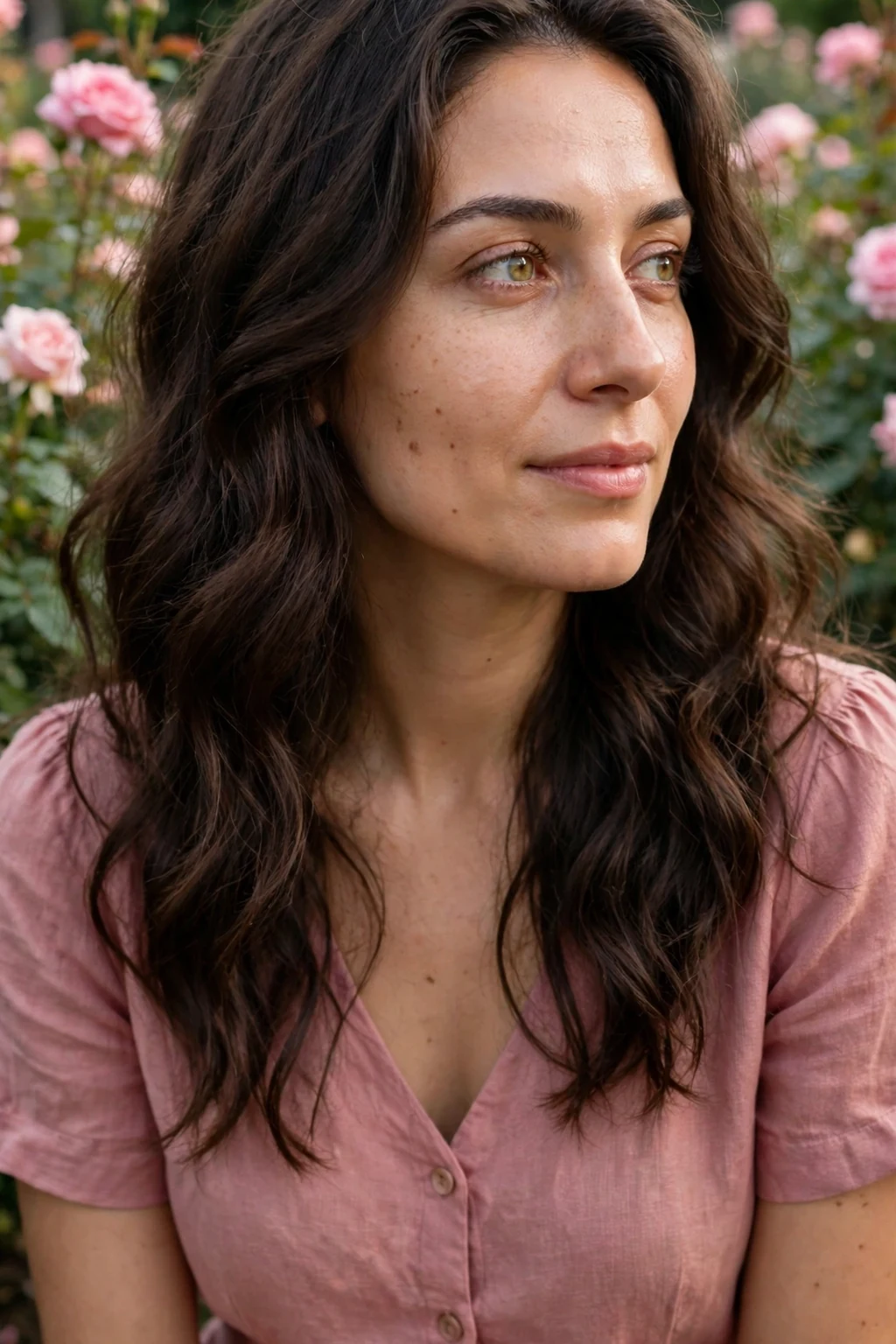 Young woman with finger-combed romantic waves, wearing a dusty rose midi dress in a rose garden.