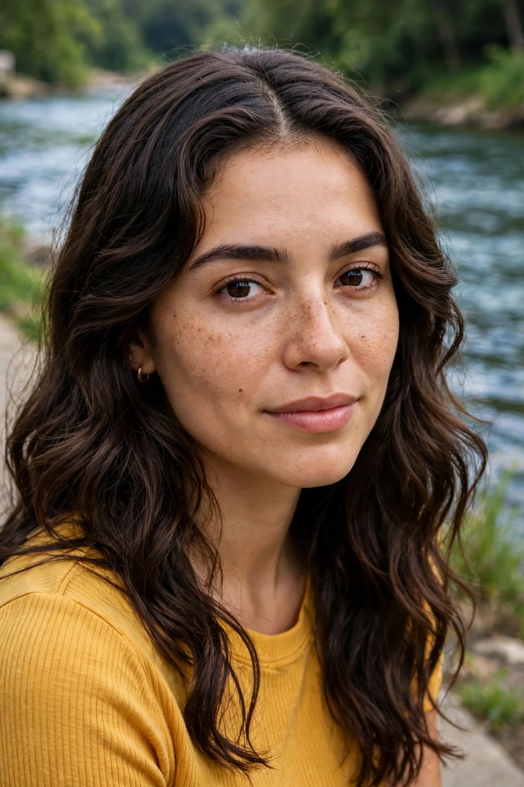 Young woman with finger-parted curtain waves, wearing a mustard yellow top on a riverside walk.