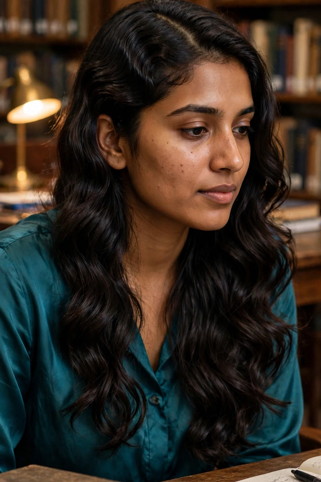 Young woman with finger-parted deep side waves, wearing a teal silk blouse seated at a wooden library table.