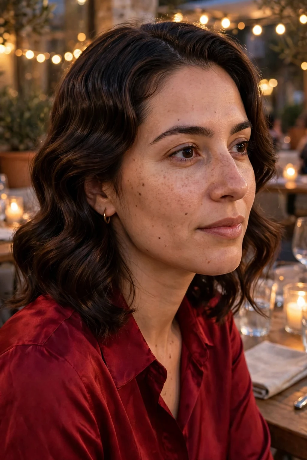 Young woman with finger-sculpted evening waves, wearing a deep red satin blouse at a candlelit restaurant terrace.
