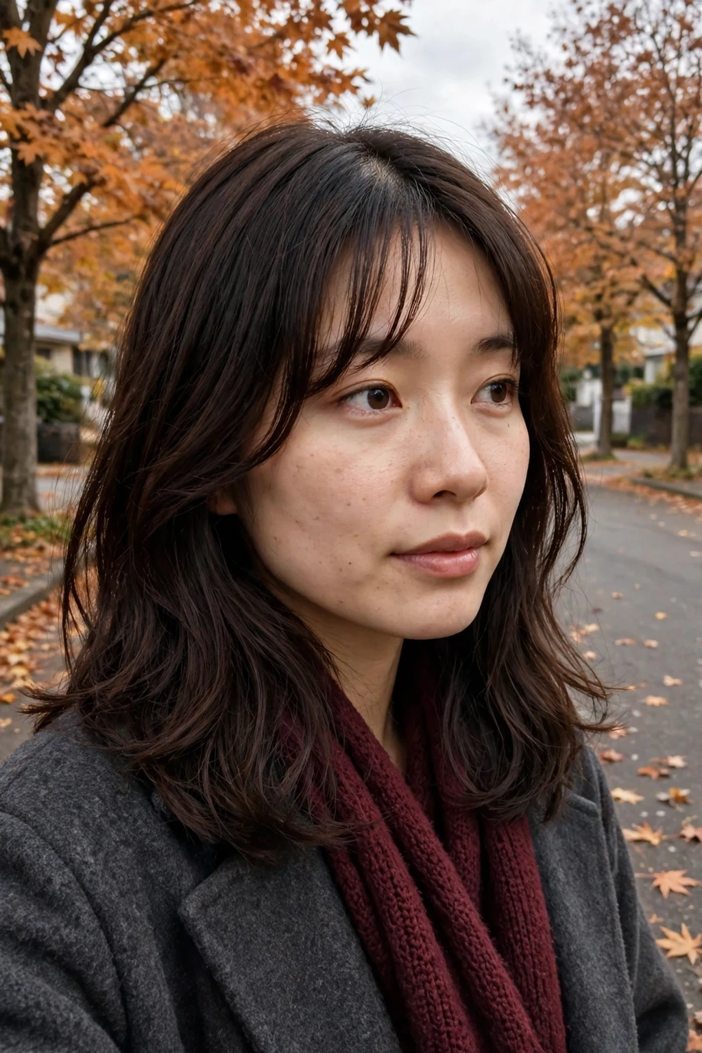 Young woman with finger-styled curtain fringe, wearing a charcoal grey wool coat over a maroon scarf on an autumn street.