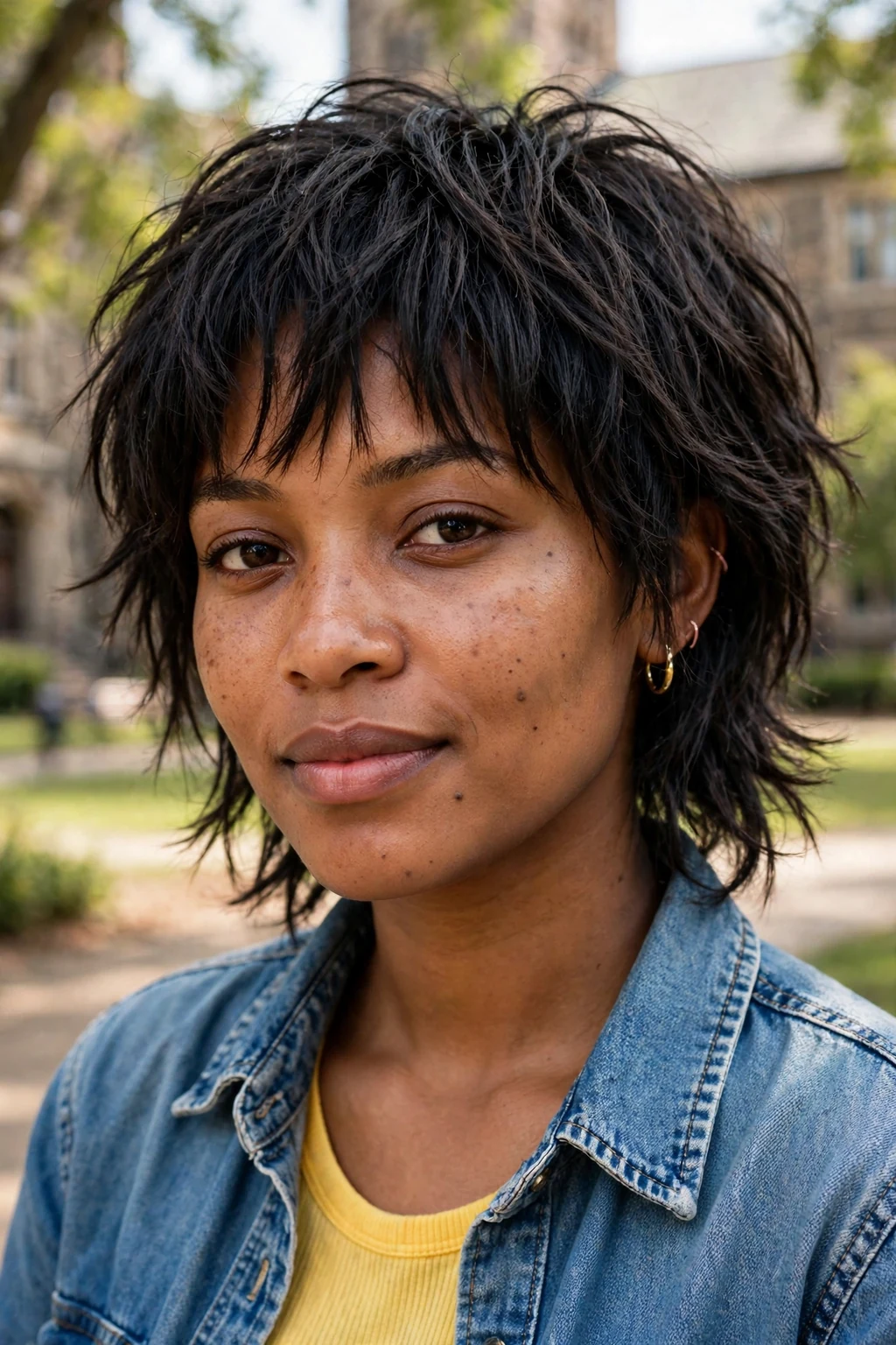 Young woman with a finger-styled shag, wearing a denim shirt over a yellow top on a university campus.