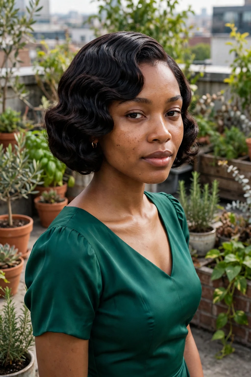Young woman with a sculpted finger-wave bob, wearing an emerald dress in a rooftop garden.