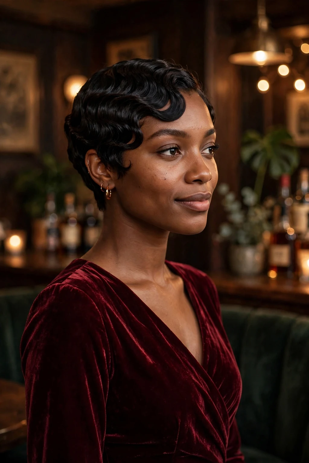 A young woman with a finger-wave pixie, sculpted vintage waves pressed close to the head.