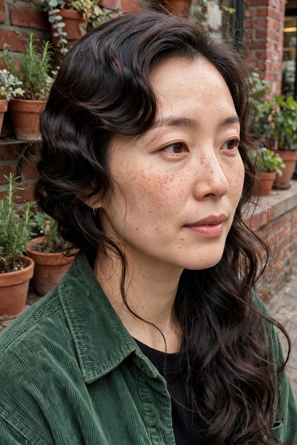 Young woman with finger-waved hair swept softly to one side, wearing a forest green corduroy shirt beside a brick cafe wall.