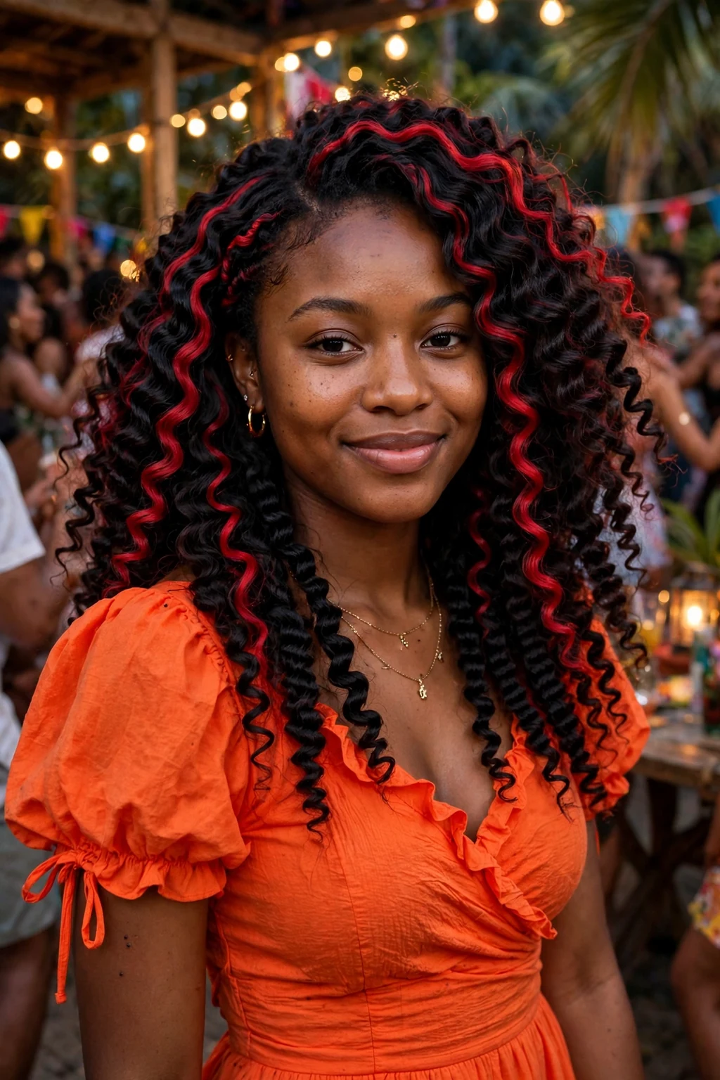 Young woman with firecracker crimped waves and red streaks at a dance party.