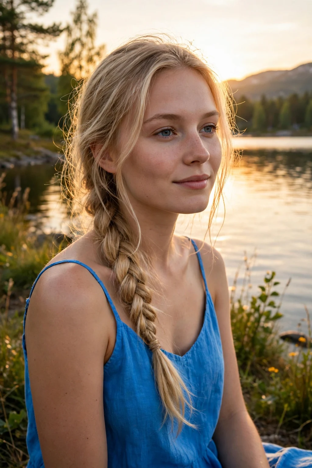 Young woman with a firecracker fishtail braid over one shoulder at a lake party.